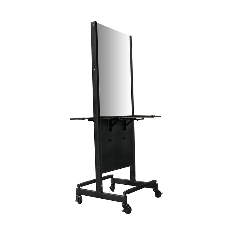 New moveable black painting frame silver barber mirror station with hair dryer holder and four lockable wheels