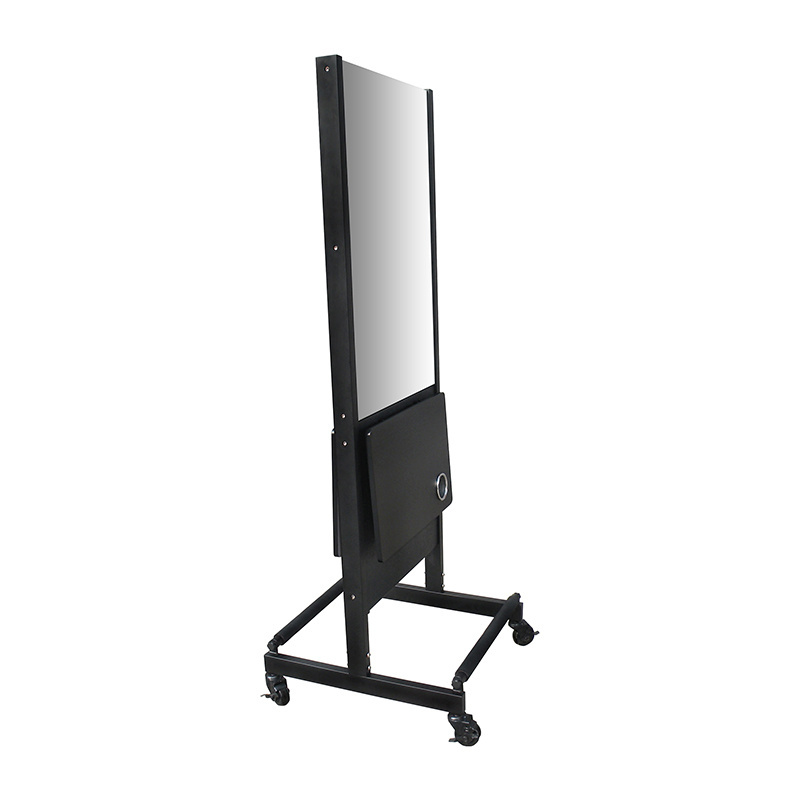 New moveable black painting frame silver barber mirror station with hair dryer holder and four lockable wheels