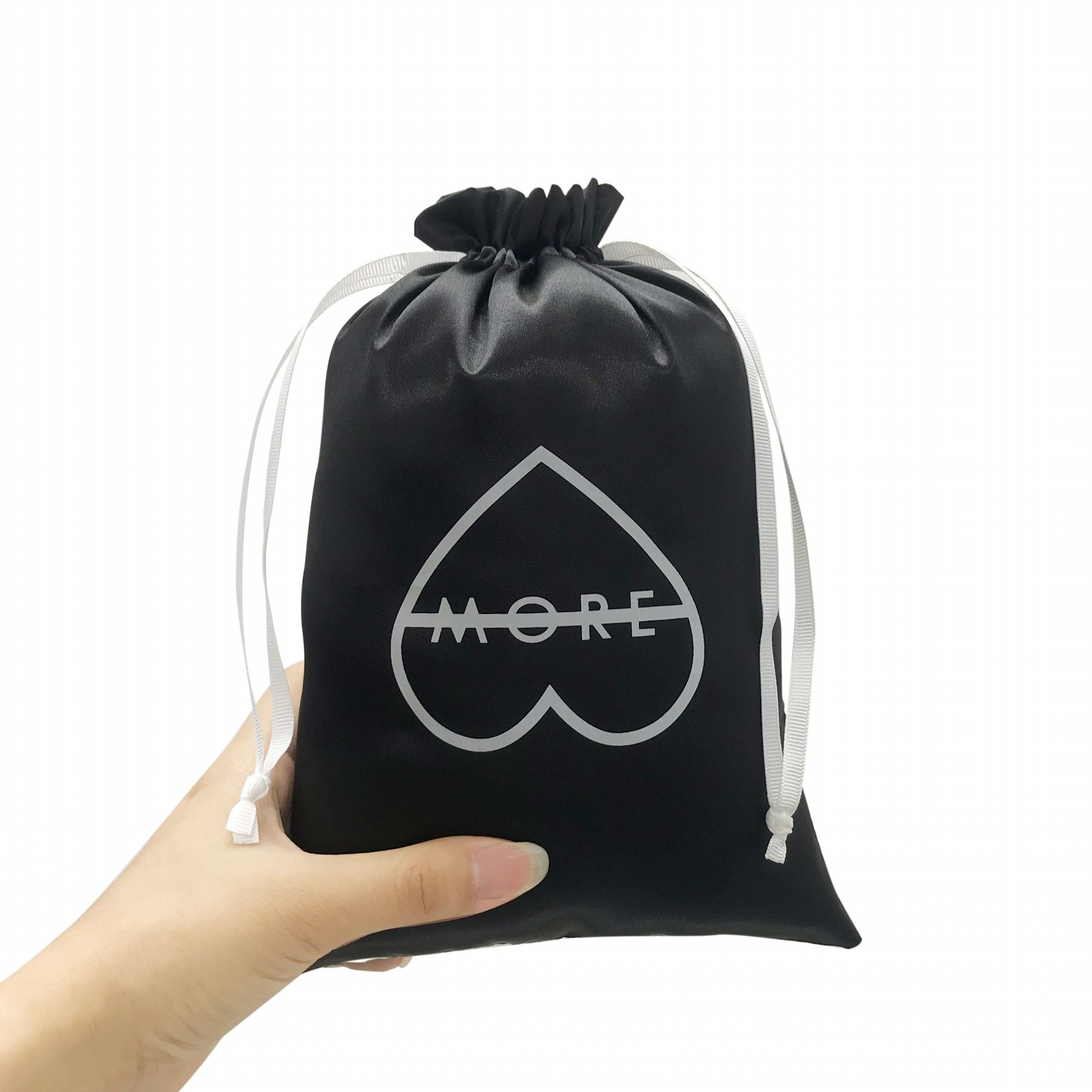 Custom Luxury Black Satin Drawstring Bag Logo Printing Hair Extension Wig Clothes Handbag Shoe Packaging Dust Pouch Shopping Bag