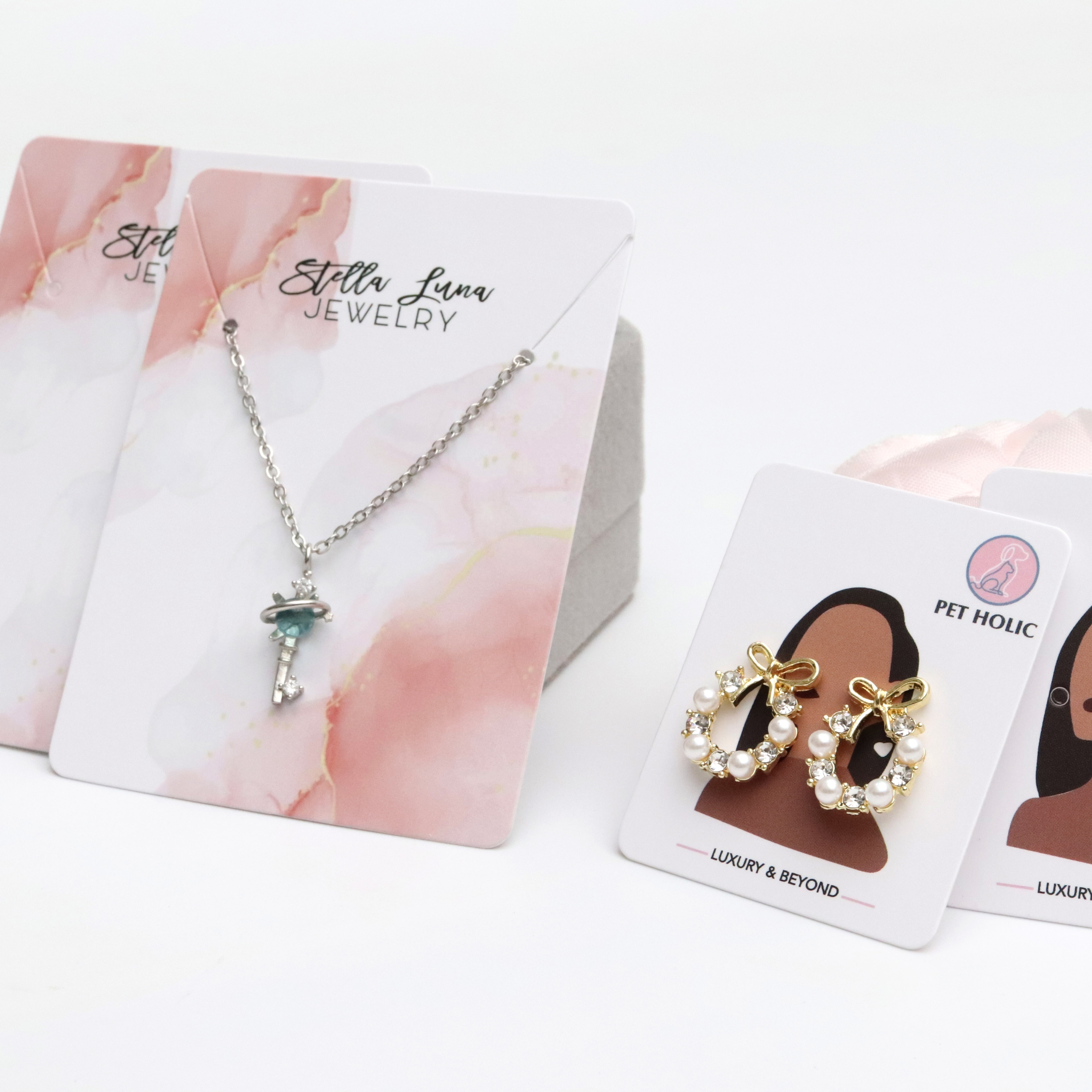 Custom Printing Personalized Embossed White Marble PVC Jewelry Packaging Insert Holder  Earrings Display And Necklace Cards Set