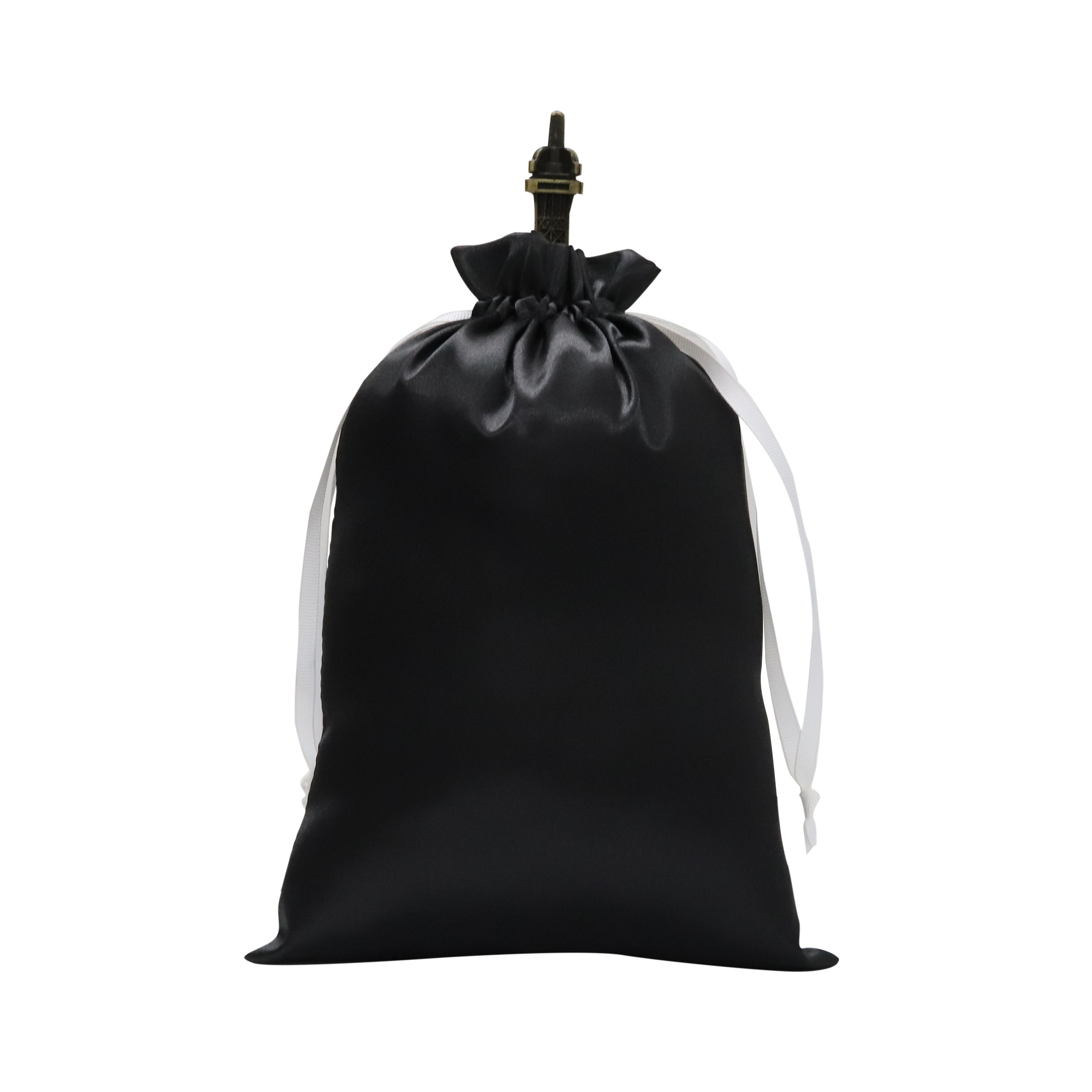 Custom Luxury Black Satin Drawstring Bag Logo Printing Hair Extension Wig Clothes Handbag Shoe Packaging Dust Pouch Shopping Bag