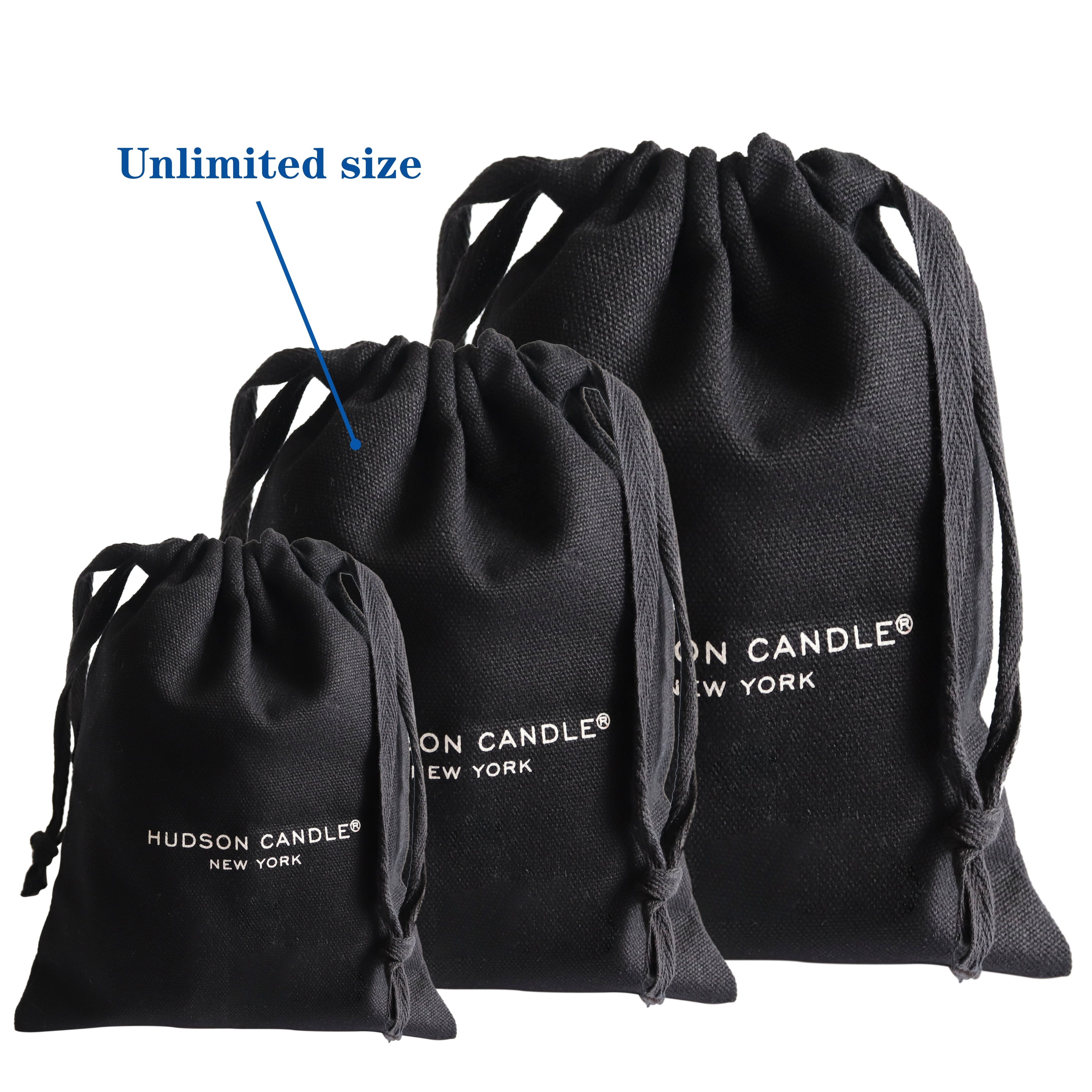 High quality medium black cotton canvas dust bag with white printing logo for cap shoe hats packaging storage drawstring pouch