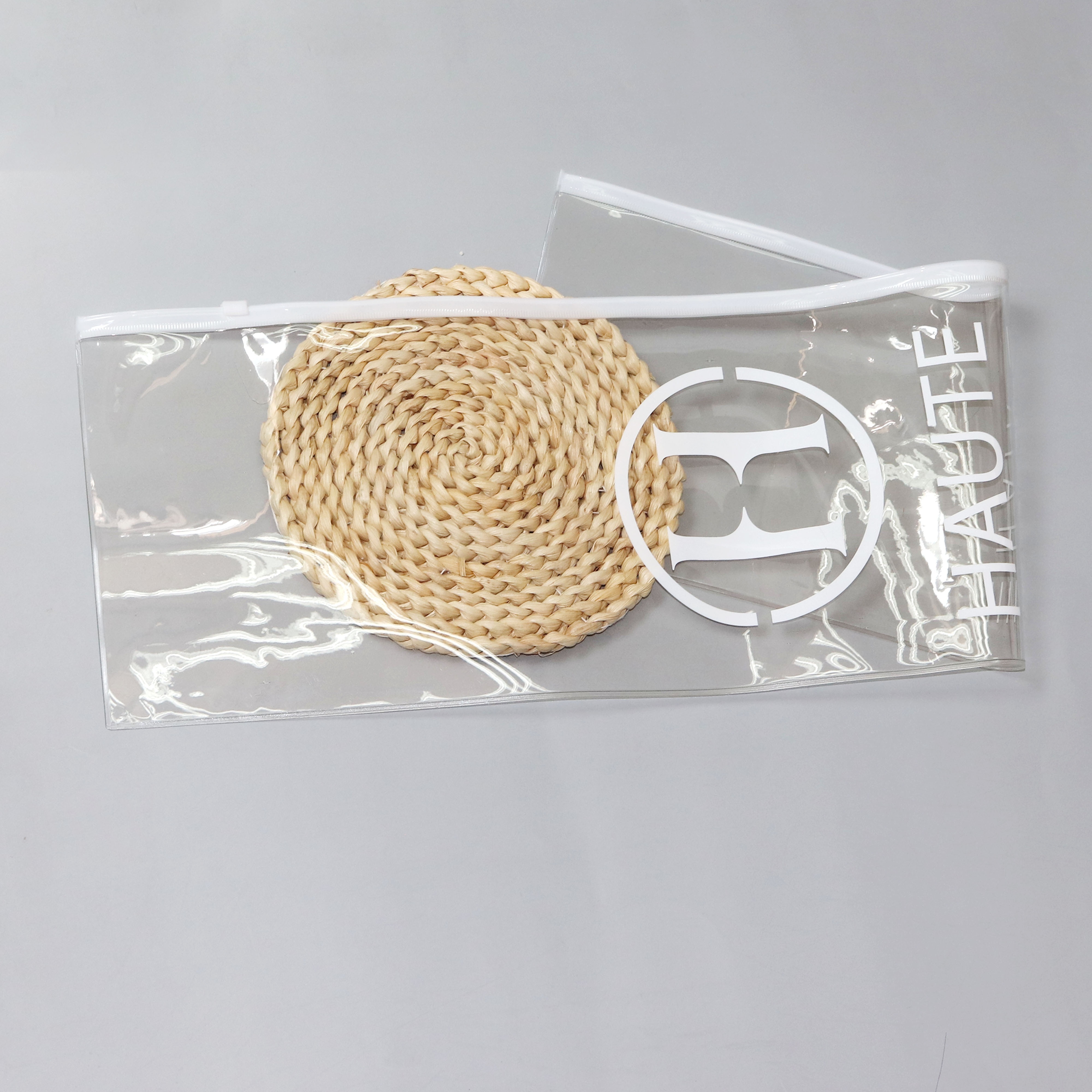 Eco friendly clear transparent pvc plastic zipper bag with white logo name print for hair wig bundle hair extension packaging