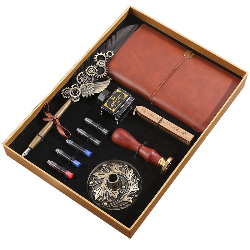 Brown Feather Quill Pen Gift Set Leather Journals Wax Stamp Seal Feather Pen Holder Set