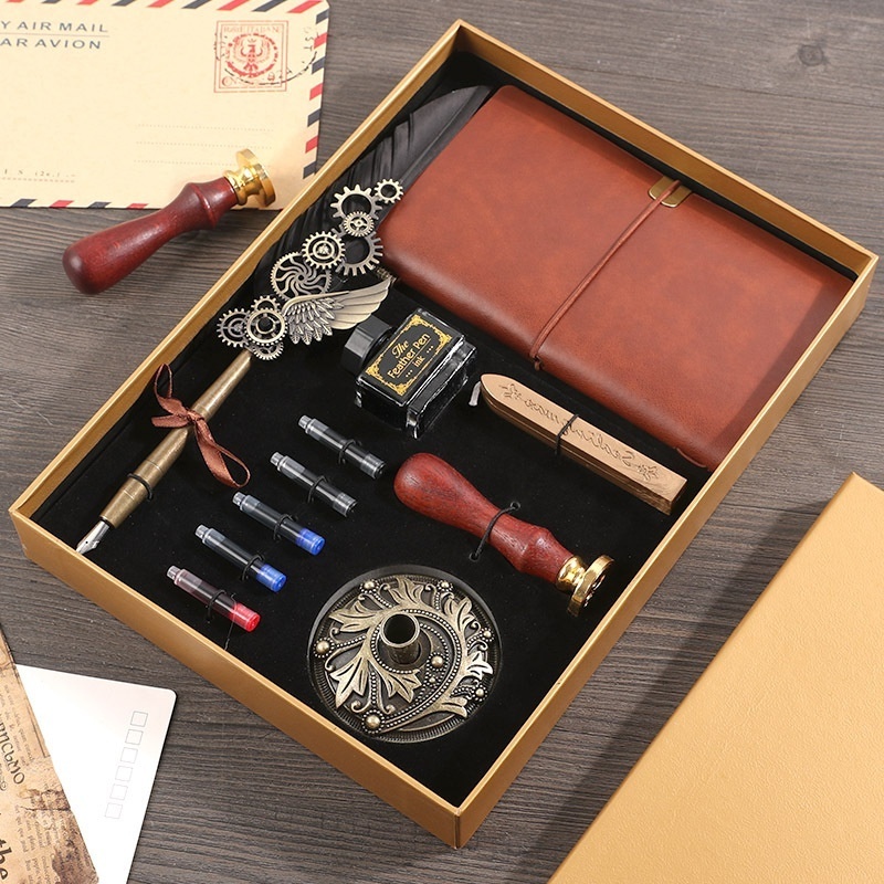 Brown Feather Quill Pen Gift Set Leather Journals Wax Stamp Seal Feather Pen Holder Set