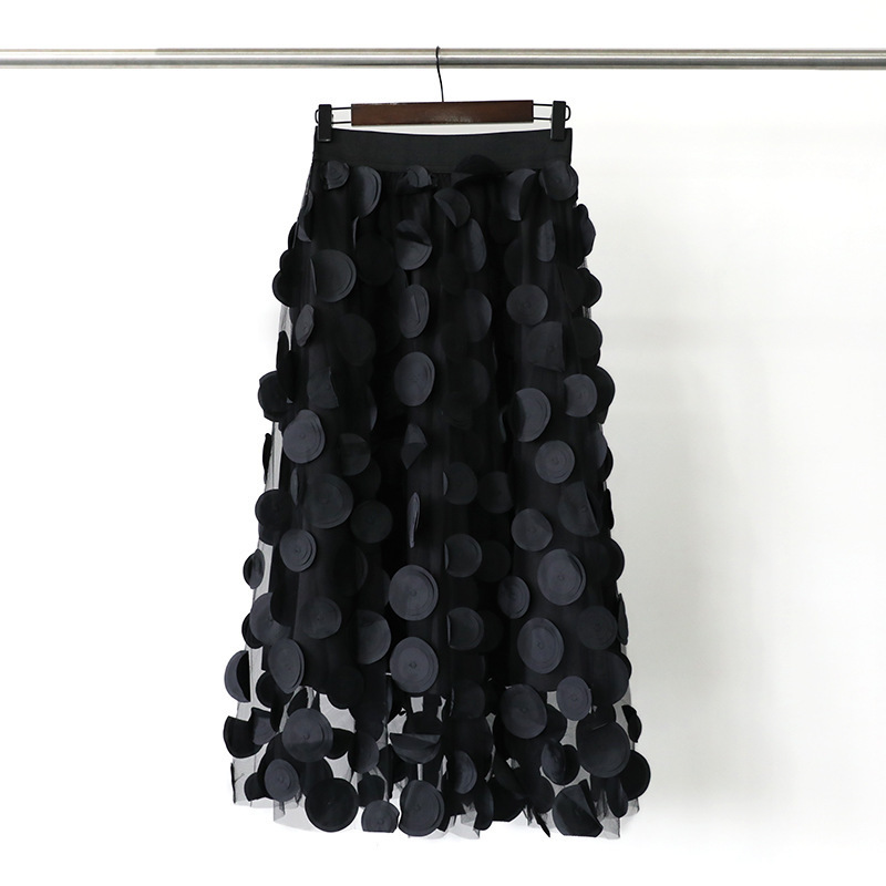 Retro A Line Skirt Big Swing Design Sense Three-Dimensional Wave Point Gauze Skirt High Waist Skirt