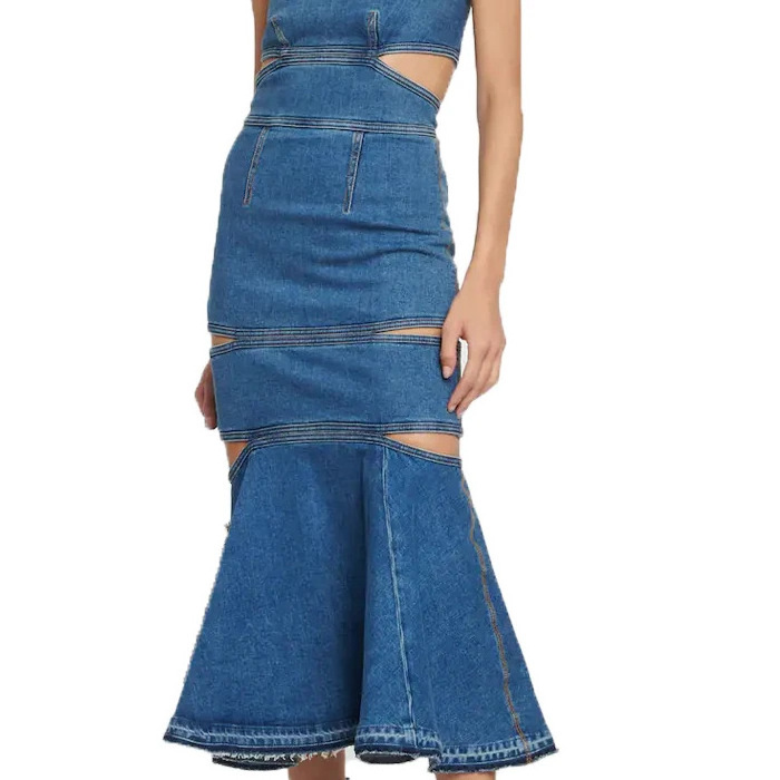 High Quality Hollow Out Strapless Denim Long Dress Women's Clothing 2024 Spring New Zipper Sexy High Waist Blue Women's Dresses