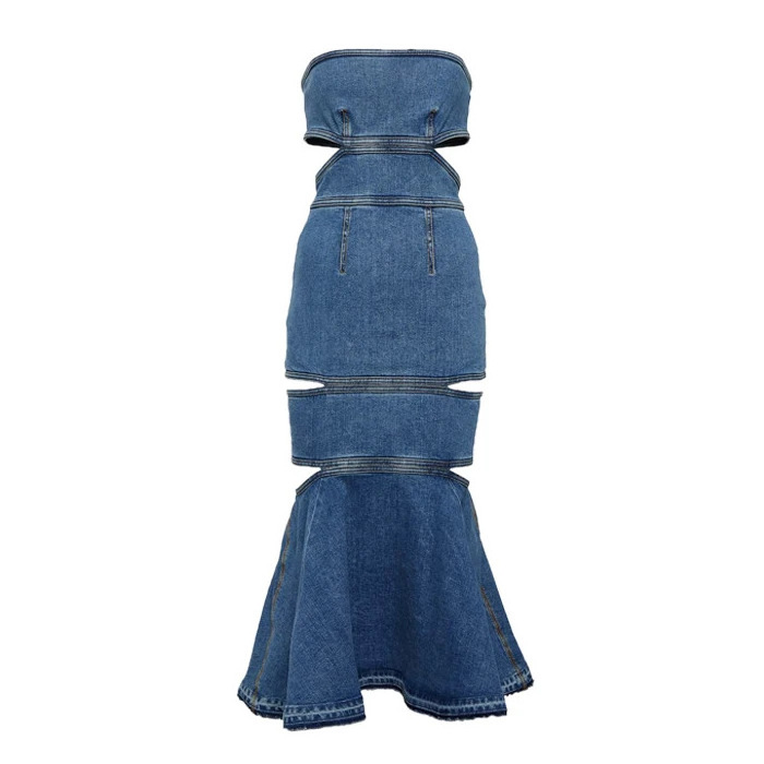 High Quality Hollow Out Strapless Denim Long Dress Women's Clothing 2024 Spring New Zipper Sexy High Waist Blue Women's Dresses