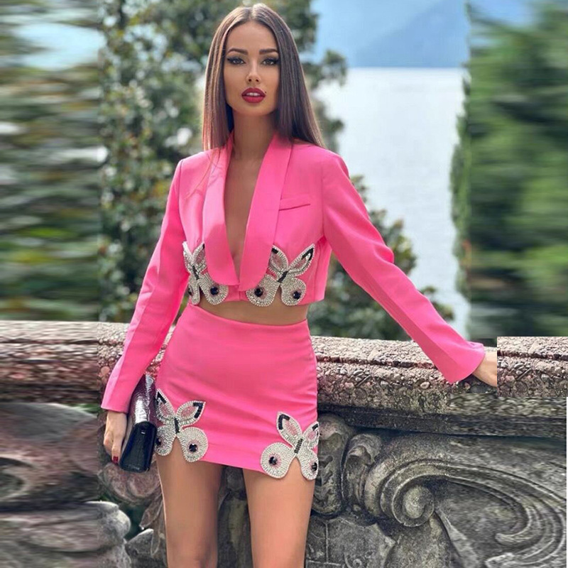 Bettergirl Fashion Butterfly Pink Diamond Blazer Skirt Women's Clothing 2024 Summer New High Quality Sexy Elegant Two Piece Set