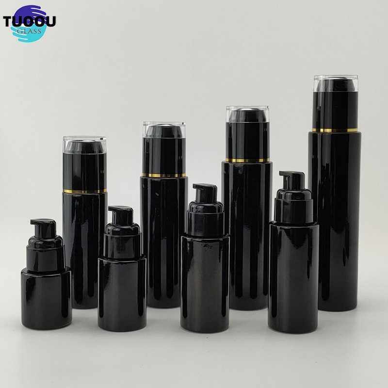 Hot sale 10g 30g 50g matte cosmetics face cream tank pump spray 30ml 50ml 100ml black frosted glass lotion bottle container