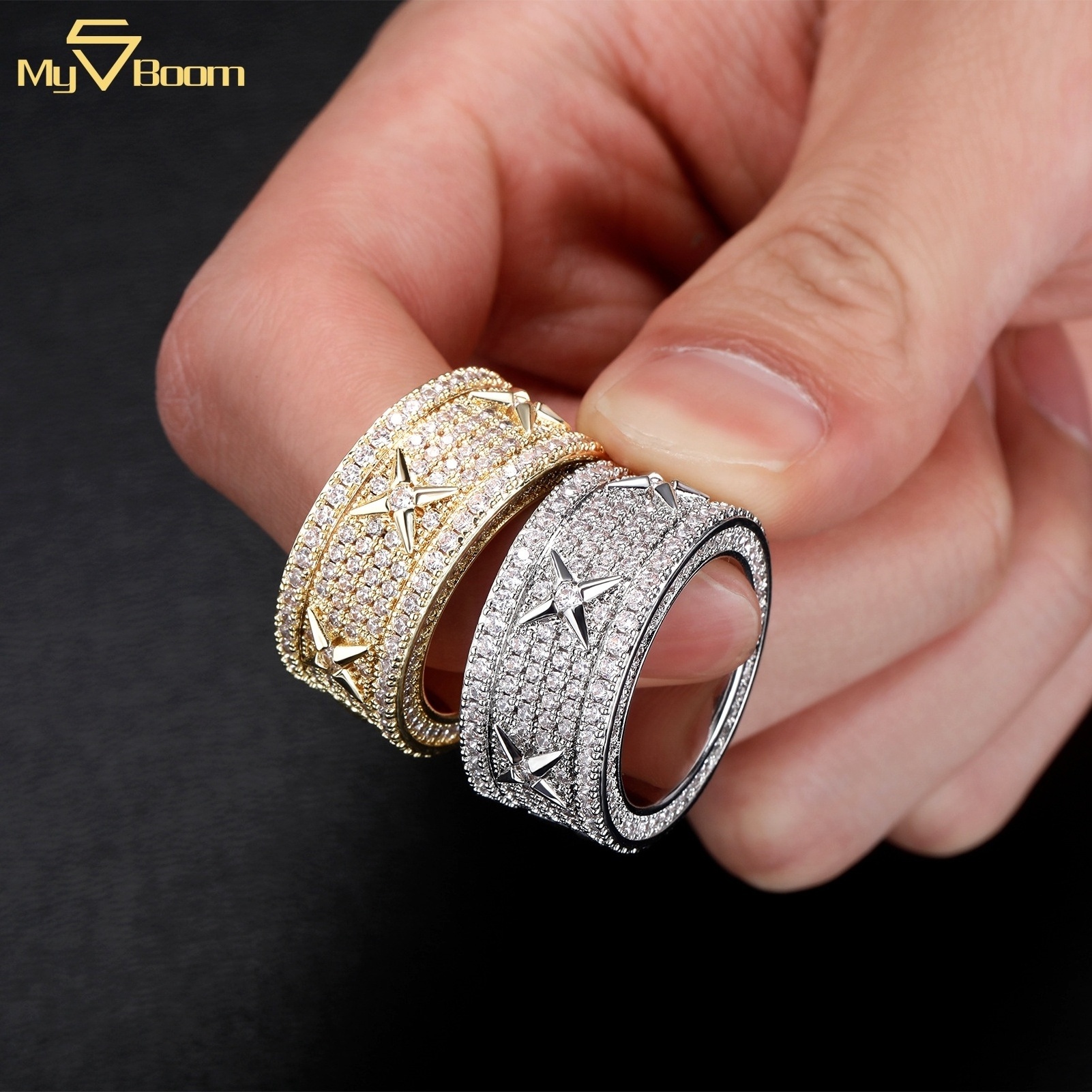 Hip Hop Fashion Ices Out Four Star Cooper Material Gold Plated Full of CZ Diamond Wedding Band Ring for Men