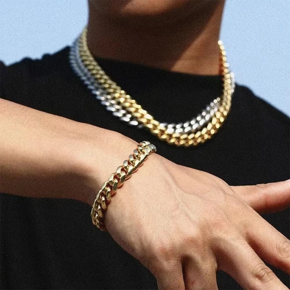 GOLD JEWELRY 18k Gold Plated Stainless Steel Thick Miami Cuban Link Chain With Lab Diamond Clasp Men's Hip Hop Necklace