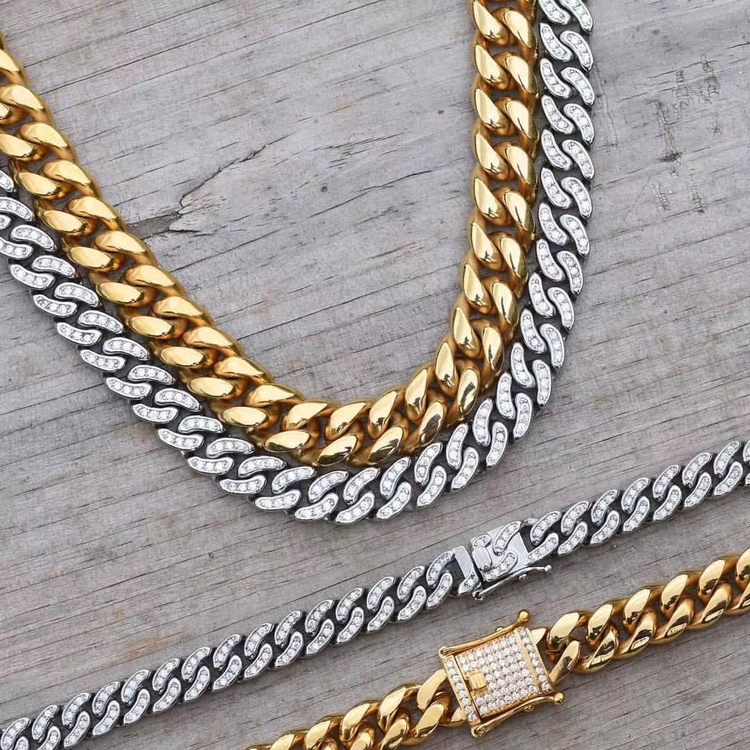 GOLD JEWELRY 18k Gold Plated Stainless Steel Thick Miami Cuban Link Chain With Lab Diamond Clasp Men's Hip Hop Necklace