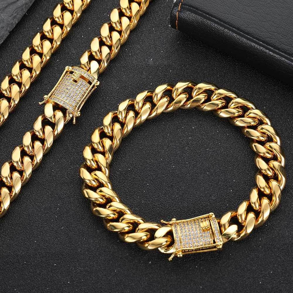 GOLD JEWELRY 18k Gold Plated Stainless Steel Thick Miami Cuban Link Chain With Lab Diamond Clasp Men's Hip Hop Necklace