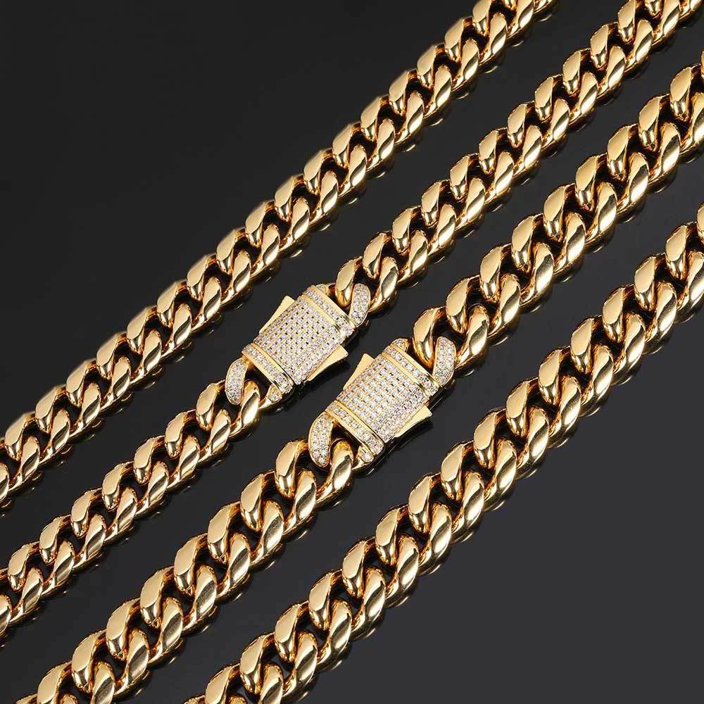 Wholesale Hip Hop Stainless Steel Lock Clasp Cuban Necklace 14k 18k Gold Plated Iced Out Men Miami Cuban Link Chain