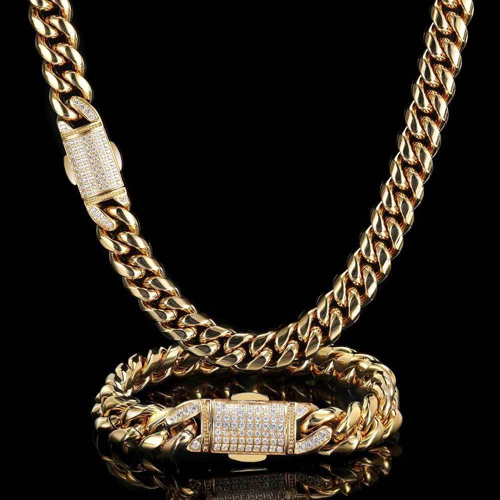 Hot Sale 12mm Hip Hop Jewelry Mens Gold Chain PVD 18K Gold Stainless Steel Miami Cuban Link Chain Necklace