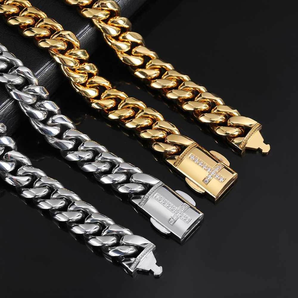 Hot Sale 12mm Hip Hop Jewelry Mens Gold Chain PVD 18K Gold Stainless Steel Miami Cuban Link Chain Necklace