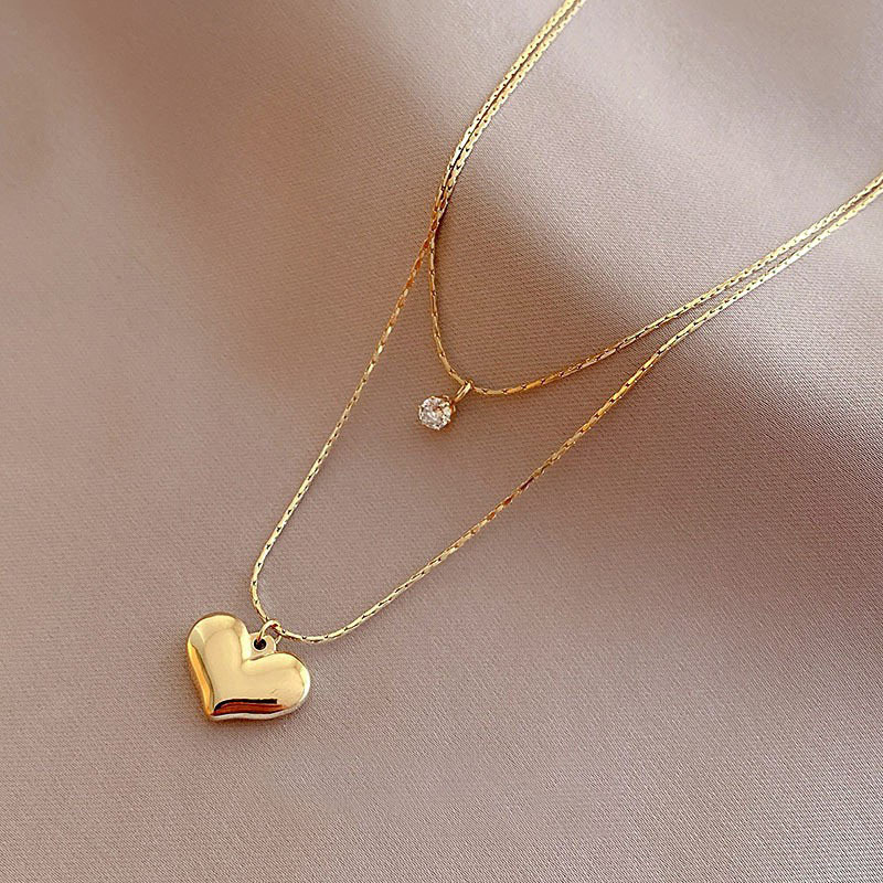 14K Gold Plated Double Layer Chain Necklaces Stainless Steel CZ Zircon Heart Pendant Necklaces Jewelries for Women Wholesale