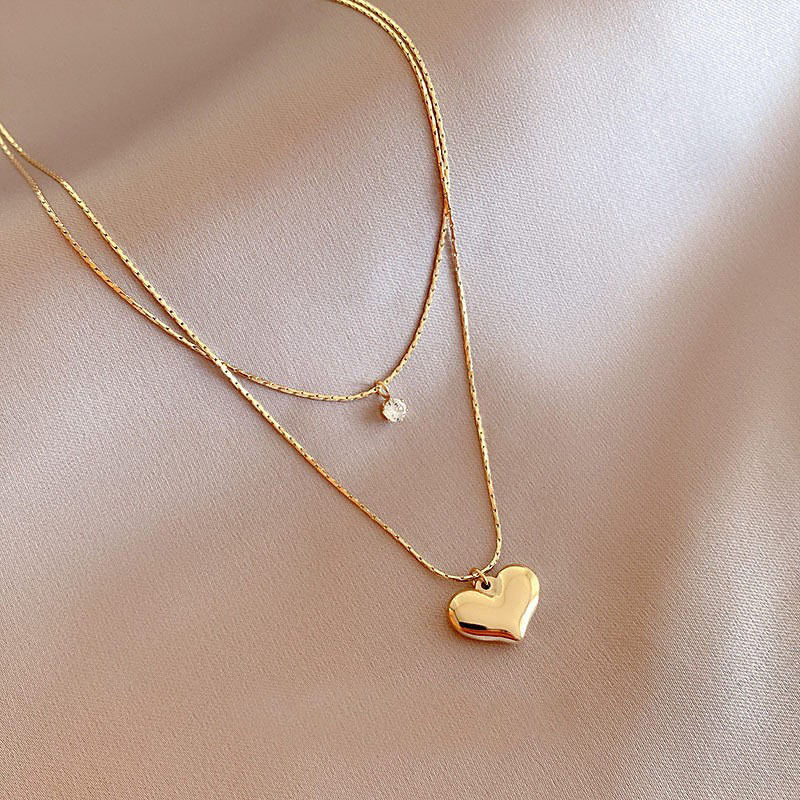 14K Gold Plated Double Layer Chain Necklaces Stainless Steel CZ Zircon Heart Pendant Necklaces Jewelries for Women Wholesale