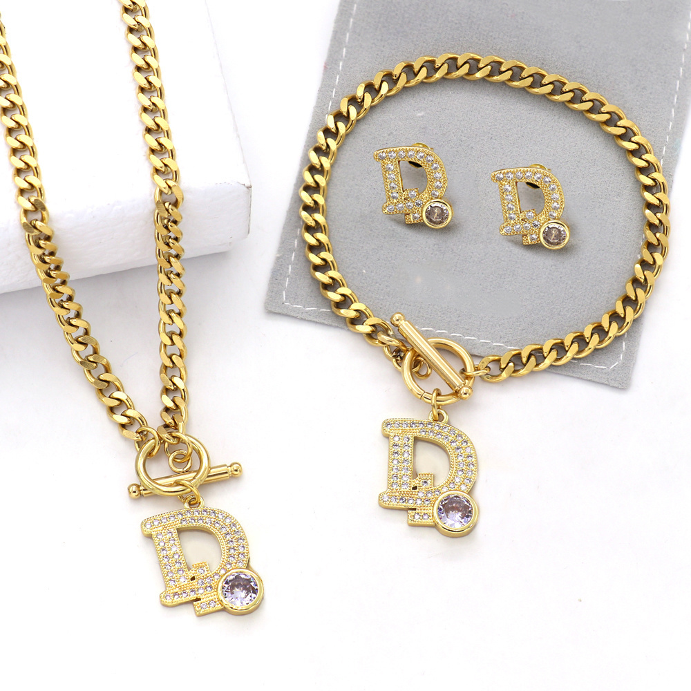 High Quality 18K Gold 316 Stainless Steel Diamond Letter Luxury Bracelet Necklace Designer Jewelry Brand Jewelry Sets For Women