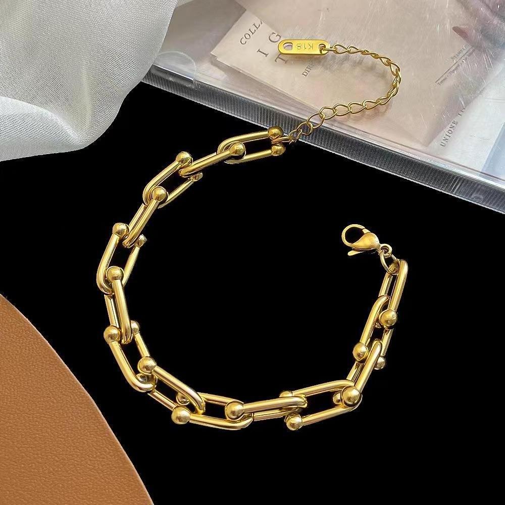 Wholesale Luxury U Shape Link Chain Metal Chunky Stainless Steel 18k Gold Plated Bracelet Women Bijoux Femme Acier Inoxydable