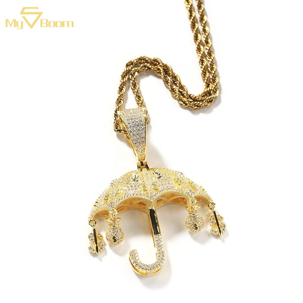 New Iced Out Bling Cubic Zirconia Jewelry Money Bag Dollar Charm Umbrella Pendant Necklace for Hip-hop Men