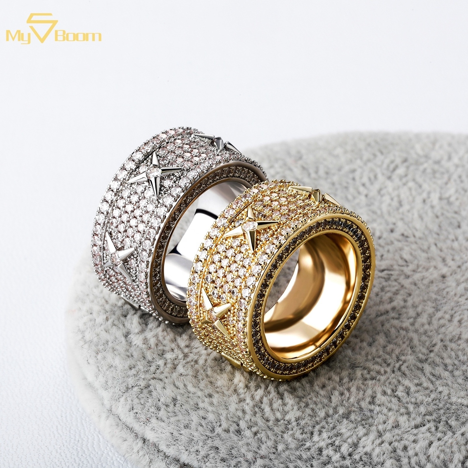 Hip Hop Fashion Ices Out Four Star Cooper Material Gold Plated Full of CZ Diamond Wedding Band Ring for Men