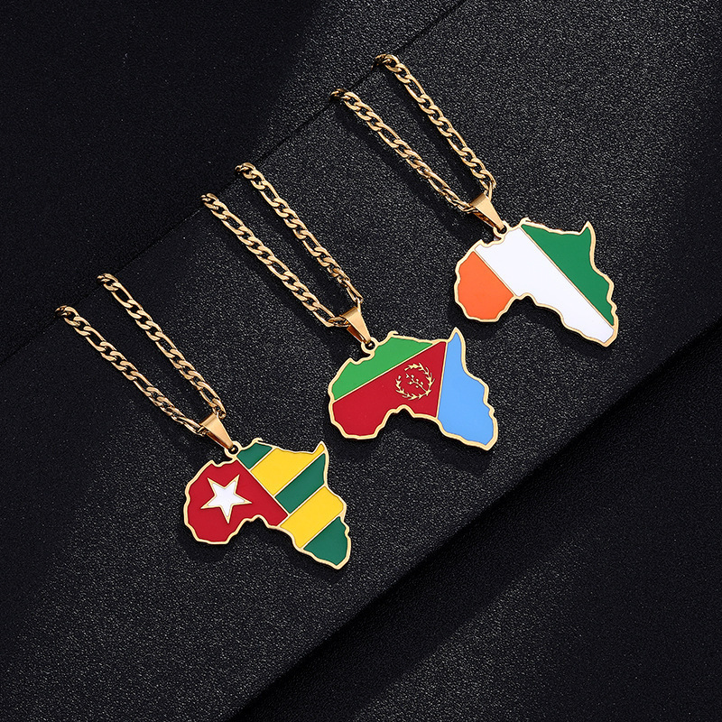 Top Seller Wholesale Jewelry 18 Gold Plated Stainless Steel Africa Map Necklace Colorful Enamel Africa Map Flag Pendant Necklace