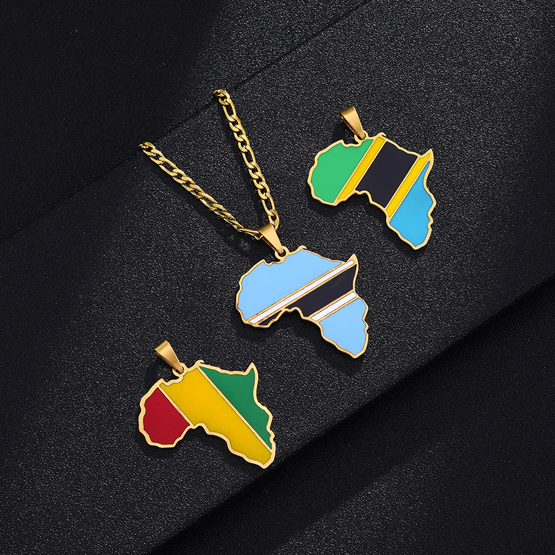 Top Seller Wholesale Jewelry 18 Gold Plated Stainless Steel Africa Map Necklace Colorful Enamel Africa Map Flag Pendant Necklace