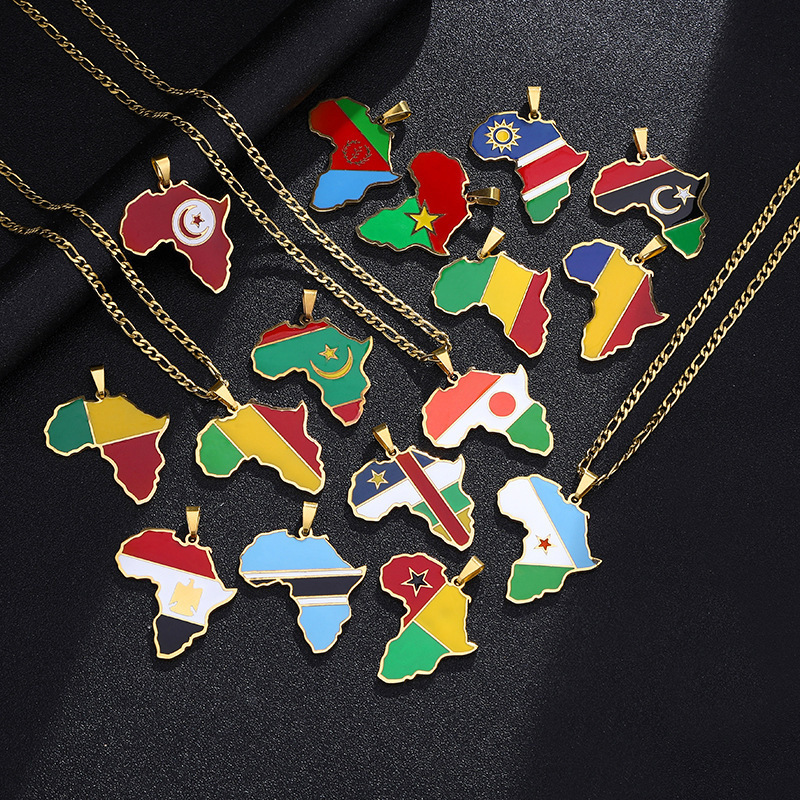 Top Seller Wholesale Jewelry 18 Gold Plated Stainless Steel Africa Map Necklace Colorful Enamel Africa Map Flag Pendant Necklace