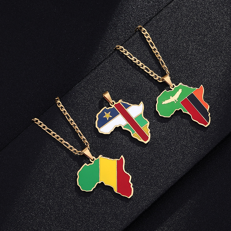 Top Seller Wholesale Jewelry 18 Gold Plated Stainless Steel Africa Map Necklace Colorful Enamel Africa Map Flag Pendant Necklace