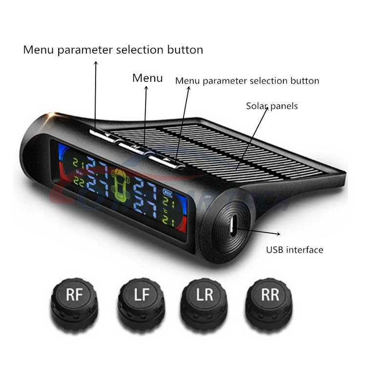 Wireless Solar USB Car Tire Pressure Monitoring System+4 Sensor LCD Display solar tpms monitor