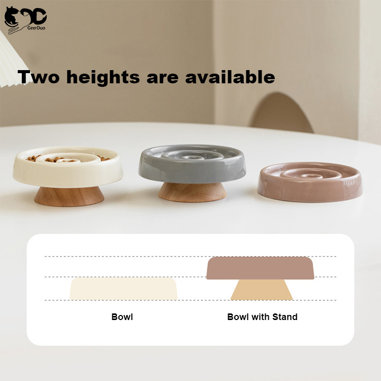 Geerduo Customized Elevated Anti Choke Ceramic Slow Pet Feeder Cat Dog Food Bowls With Wooden Stand