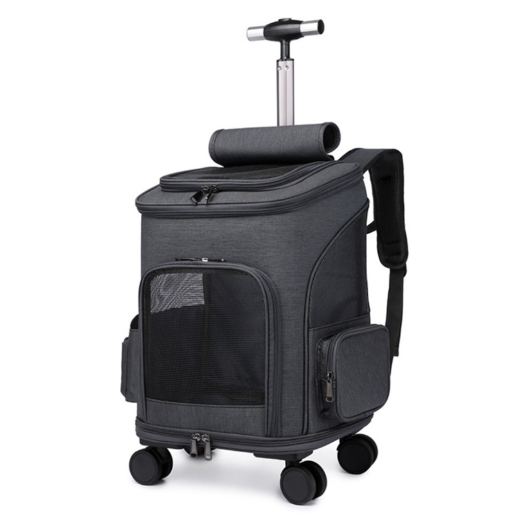 Portable Breathable Collapsible Airline Approved Pet Rolling Carrier Trolley Backpack for Cats and Dogs with Wheels