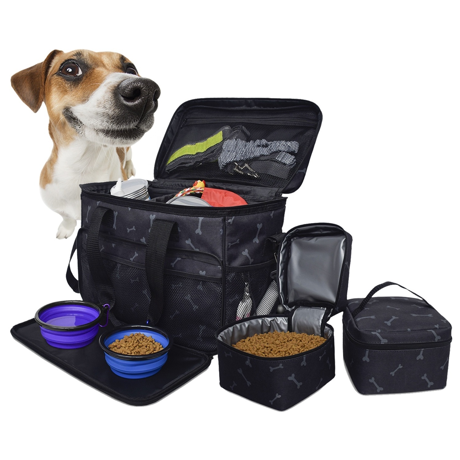 Portable Airline Approved Weekend Travel Set 2 Food Container Pet Dog Travel Organizer Bag with Multi-function Pockets