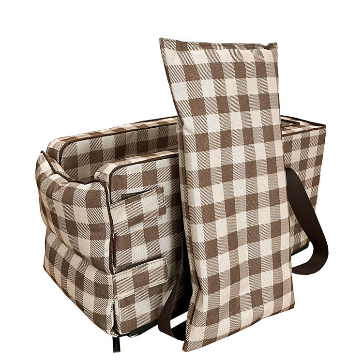 Geerduo Detachable Brown Plaid ODM OEM Medium Size Outdoor Travel Pet Dog Cat Car Armrest Seat Bed House Carrier Booster