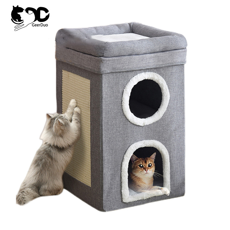 GeerDuo Pet Luxury Foldable Double Cat Hideaway Cave House Bed With Scratching Pads