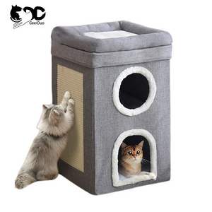 GeerDuo Pet Luxury Foldable Double Cat Hideaway Cave House Bed With Scratching Pads