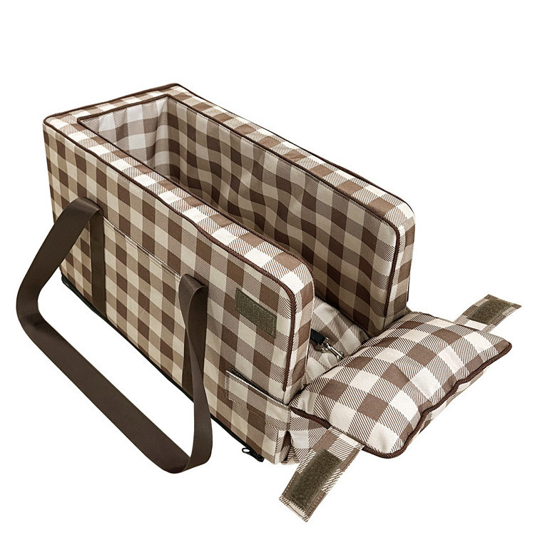 Geerduo Detachable Brown Plaid ODM OEM Medium Size Outdoor Travel Pet Dog Cat Car Armrest Seat Bed House Carrier Booster