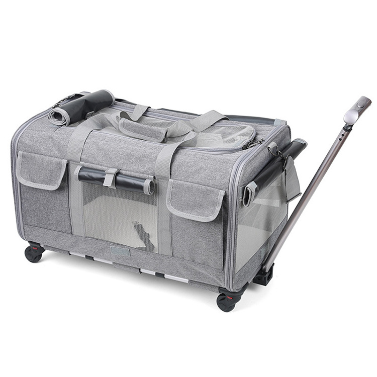 Breathable Portable Outdoor Folding Roomy Size Soft Mesh Window Trolley Wheels Pet Dog Travel Crate Carrier Bag