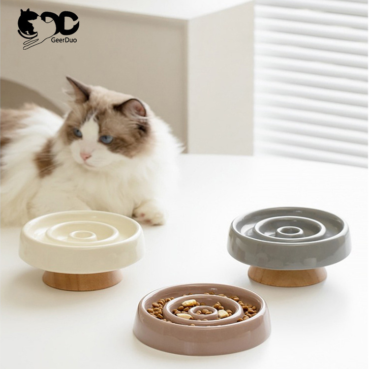 Geerduo Pet Wholesale Multi-color Safety Elevated Ceramic Cat Dog Food Bowl Slow Feeder With Wood Stand