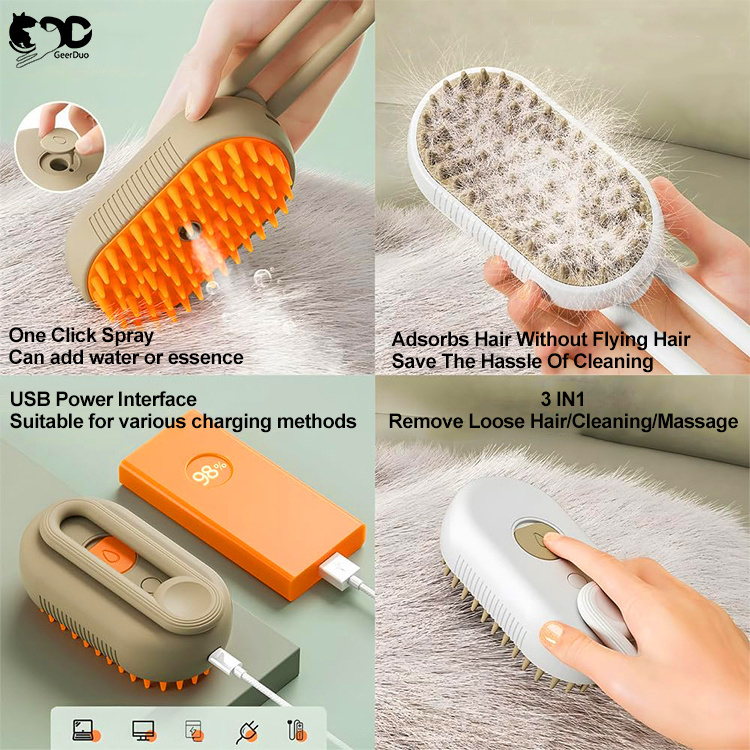 Geerduo 2024 New Foldable Self Cleaning Pet Dog Cat Grooming Hair Brush With Water Spray Cat Steam Brush