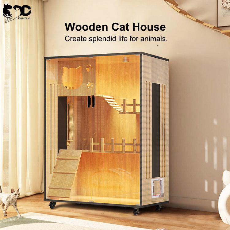 Geerduo Pet Wholesale Custom Factory Eco Friendly Solid Wooden Cat Climbing Tree Sleeping House Villa