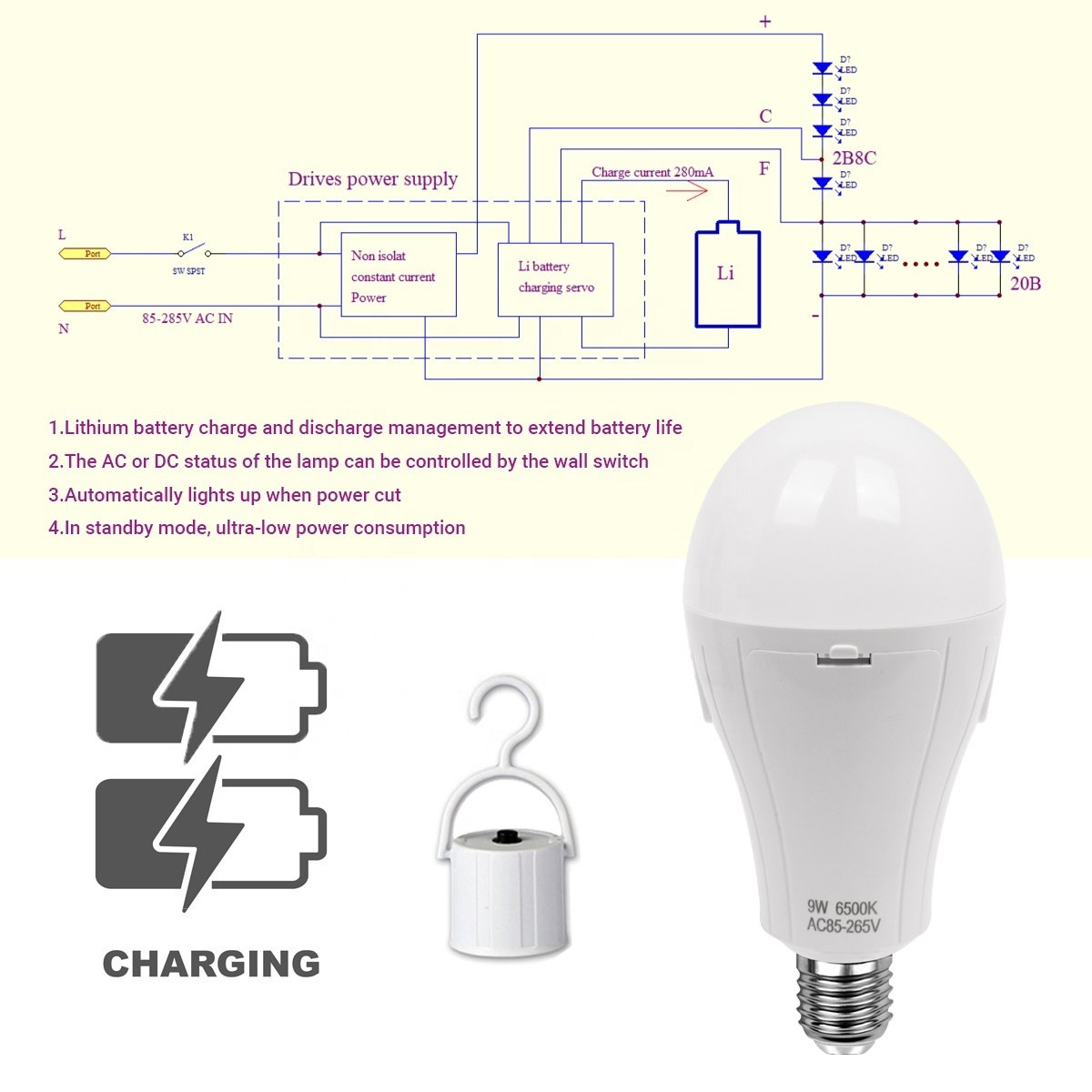 9W 12W 15W Rechargeable  Led Emergency Light Bulb B22 E27 ACDC Battery LED SKD Part Raw Material Supplier for Home Power Failure