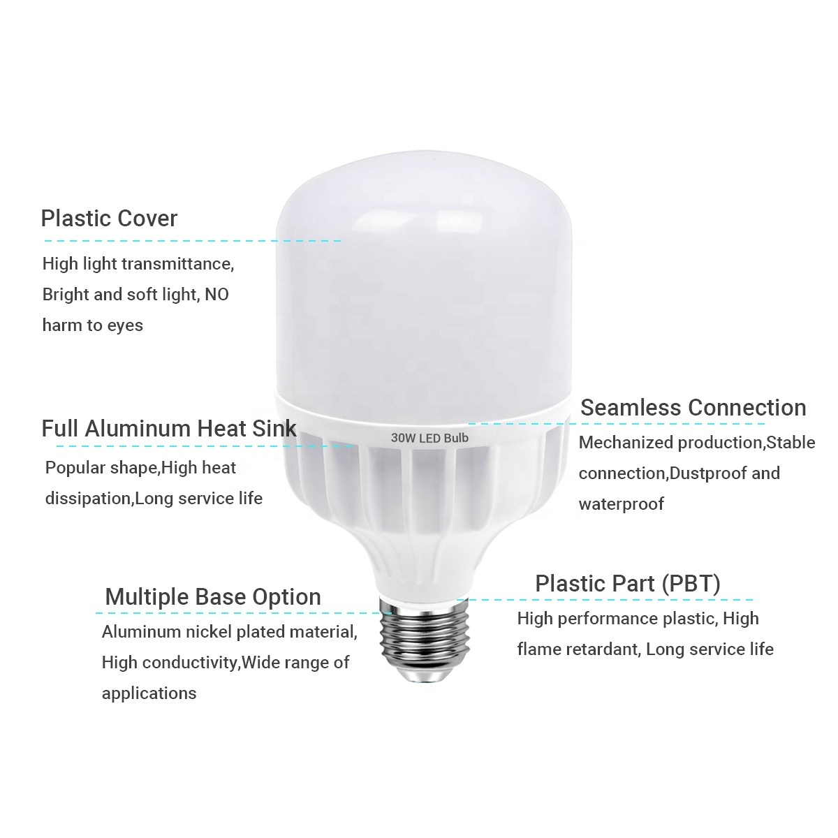 Energy Saving Led T Bulb Bombillo Home Led Lighting  Aluminum T Bulbs E27 AC220V 110V 20w 30w 40w 50w