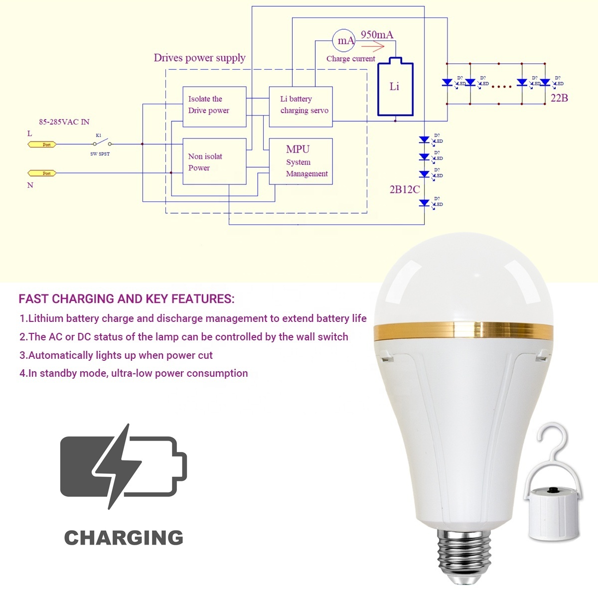 Emergency LED Rechargeable Light Bulbs 20W E26E27 3000K 6500K 3600 mAh Battery Backup LED Light Bombillos Bulbs for Power Outage