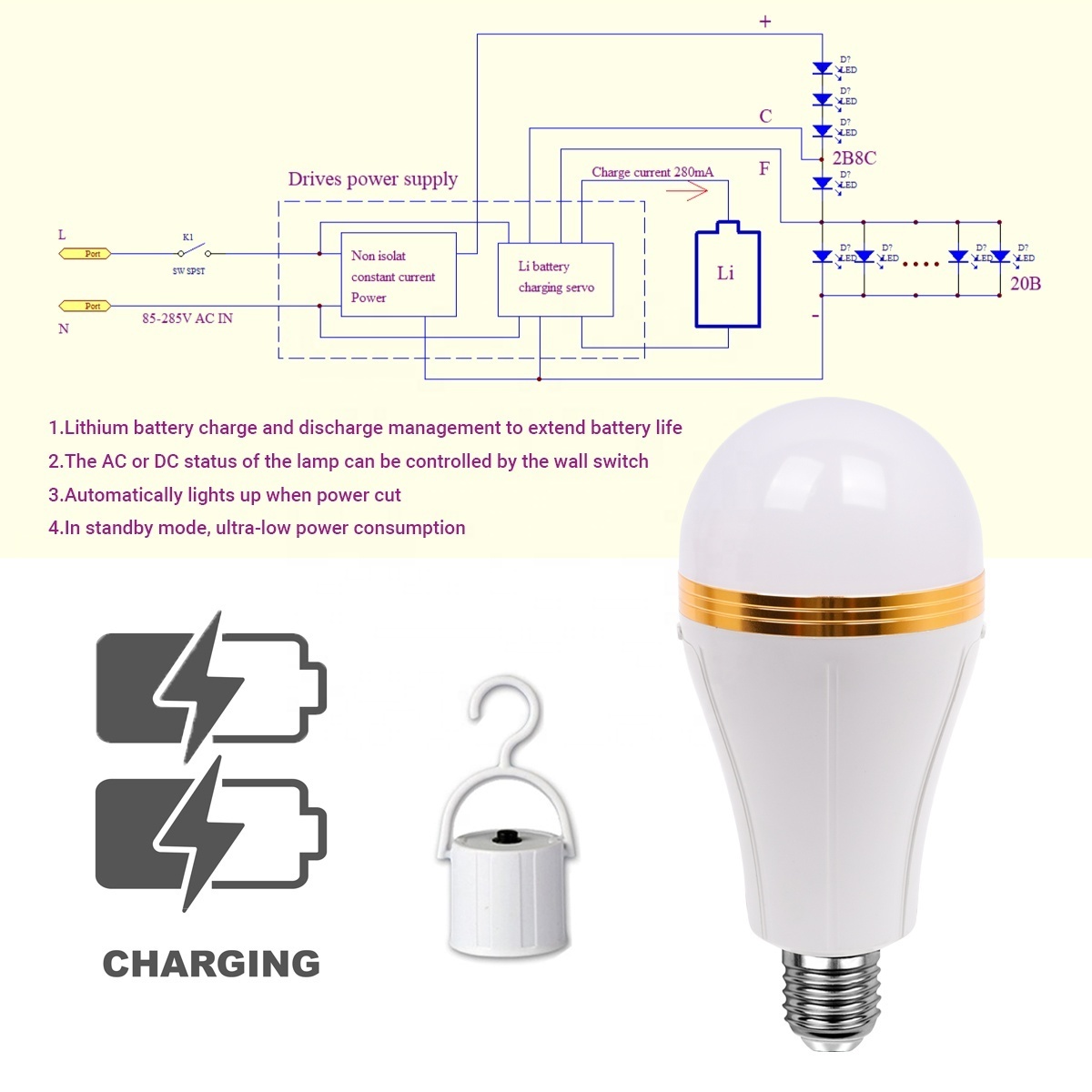 Hot Selling Rechargeable Emergency Bulb Lights 12w 15w 20w with Hook for Outdoor Camping