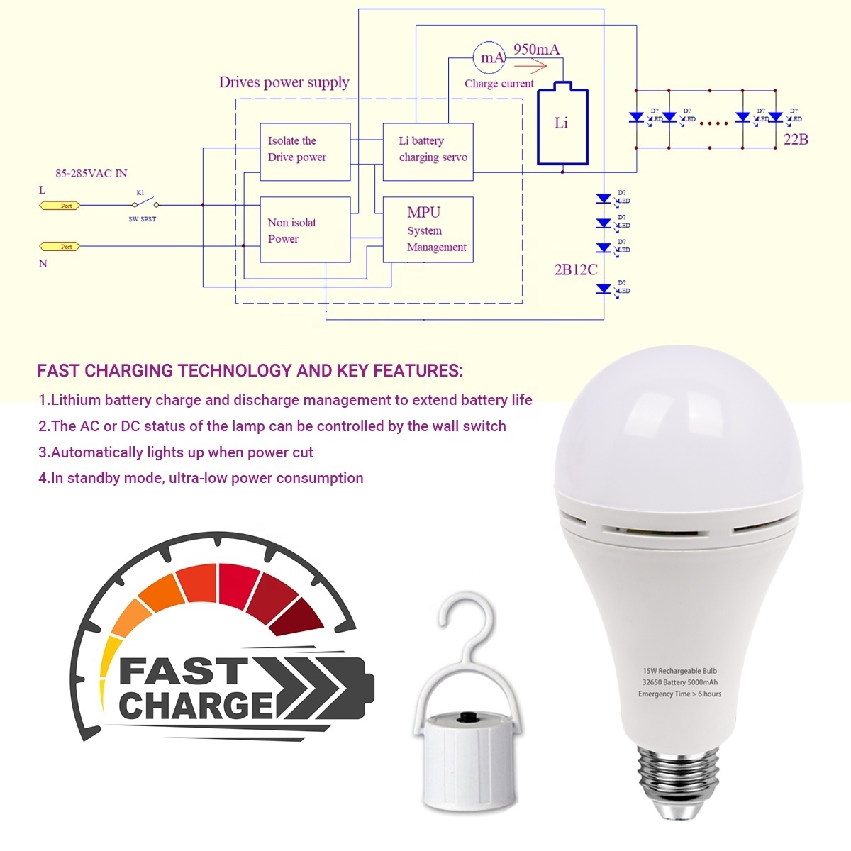 2200 mAh Battery Operated LED Emergency Light Bulb A21 9W E26 6000K  Rechargeable LED Bombillos Bulbs for Home Power Outages