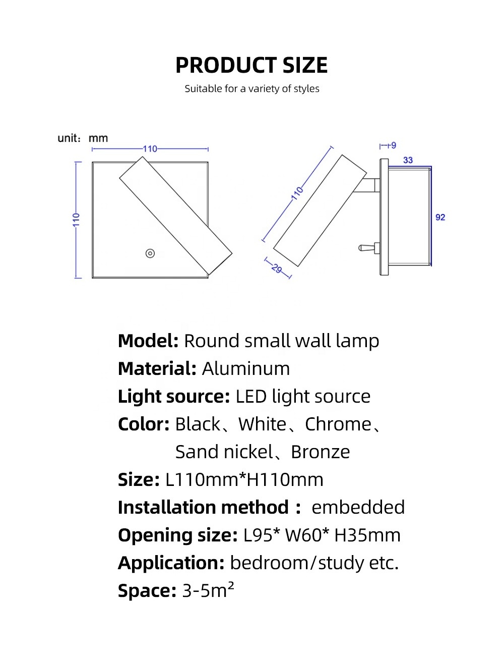 High Quality Modern Decorative Led Bed Reading Wall Light Hotel Recessed Hotel Bedside Reading LED Wall Lighting