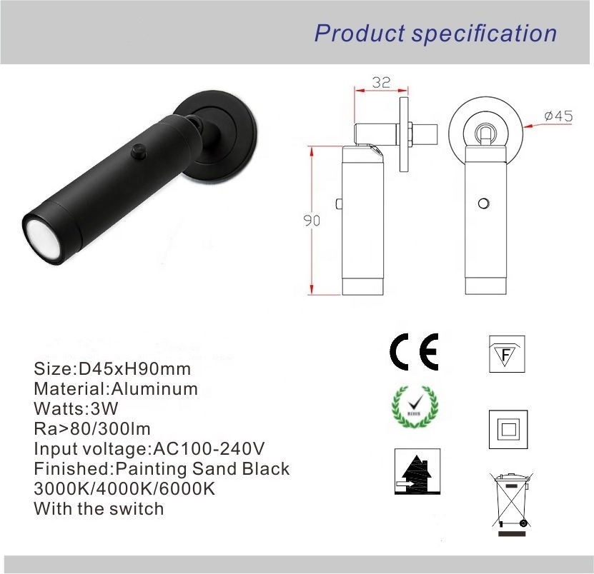 Modern LED Bedside Wall Lamp For Simple Decoration Of Hotel Bedrooms 3W Rotatable LED Reading Wall Light 3Watt AC220V